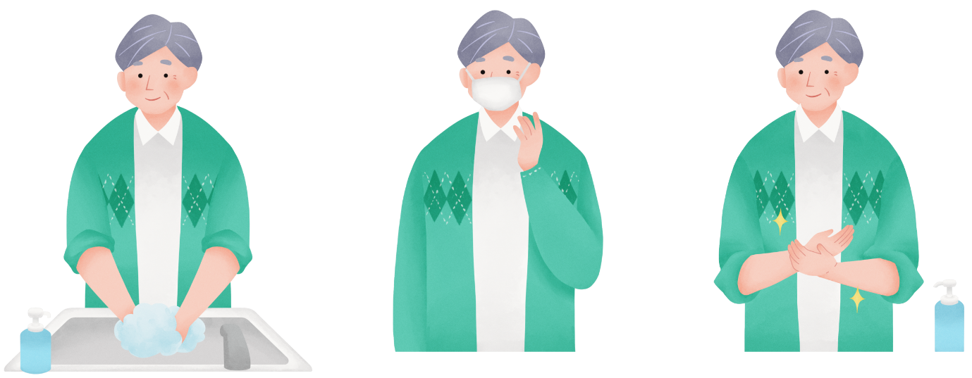 感染予防のため、手洗い・マスク着用・手の消毒をしている多発性骨髄腫患者さん