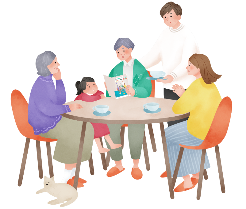 多発性骨髄腫患者さんを囲んで、テーブルで話すご家族